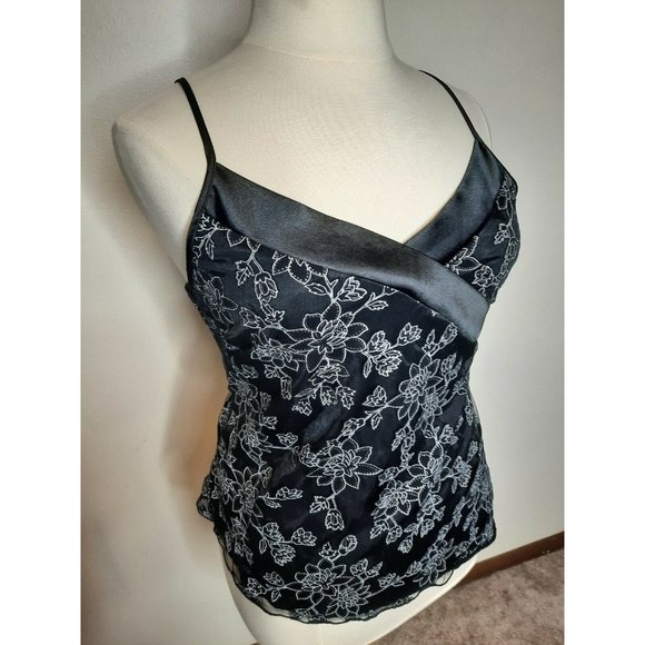 Vtg 90's  Black Satin Chiffon Floral Tank Large - Picture 7 of 11